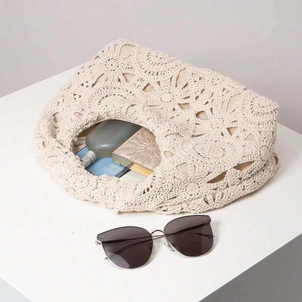 Apricot Boho Women's Hollow Floral Woven Bag